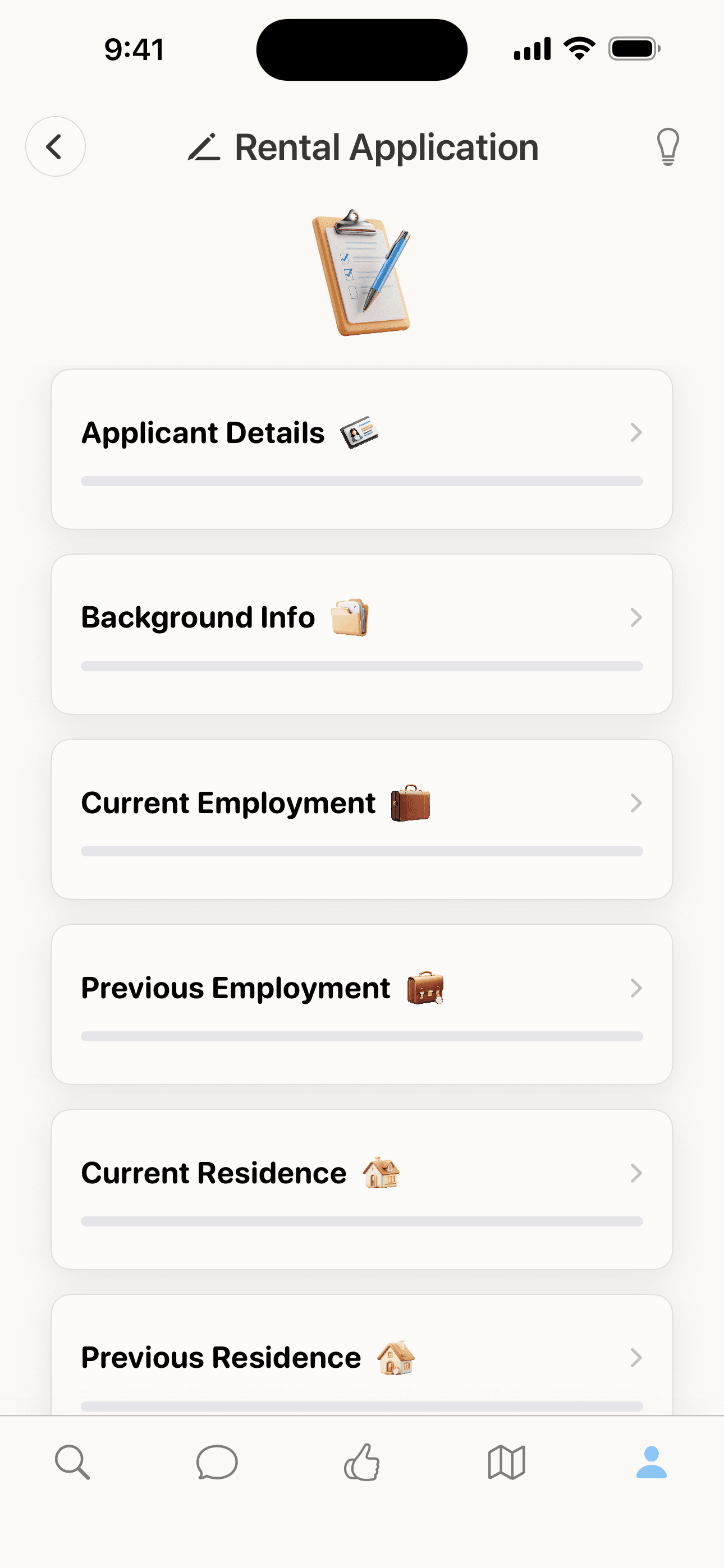 Livvng application profile with identity and employment details