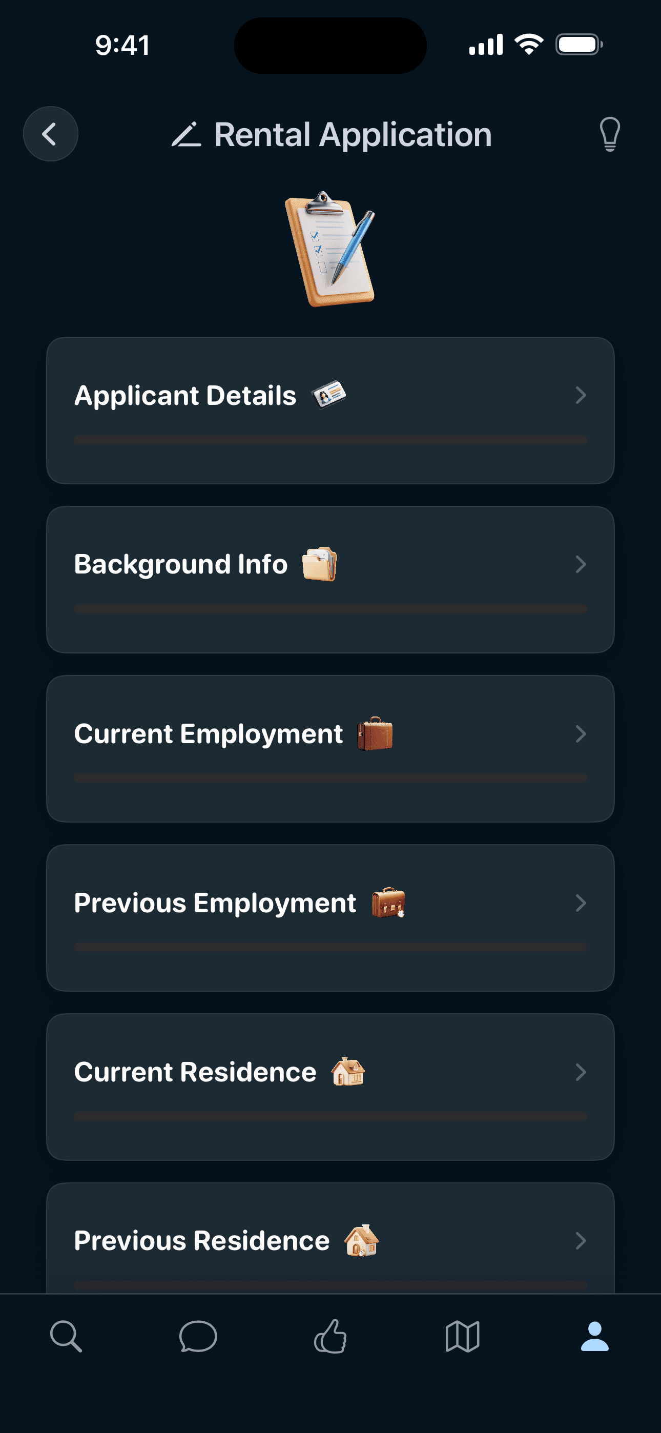 Livvng application profile with identity and employment details
