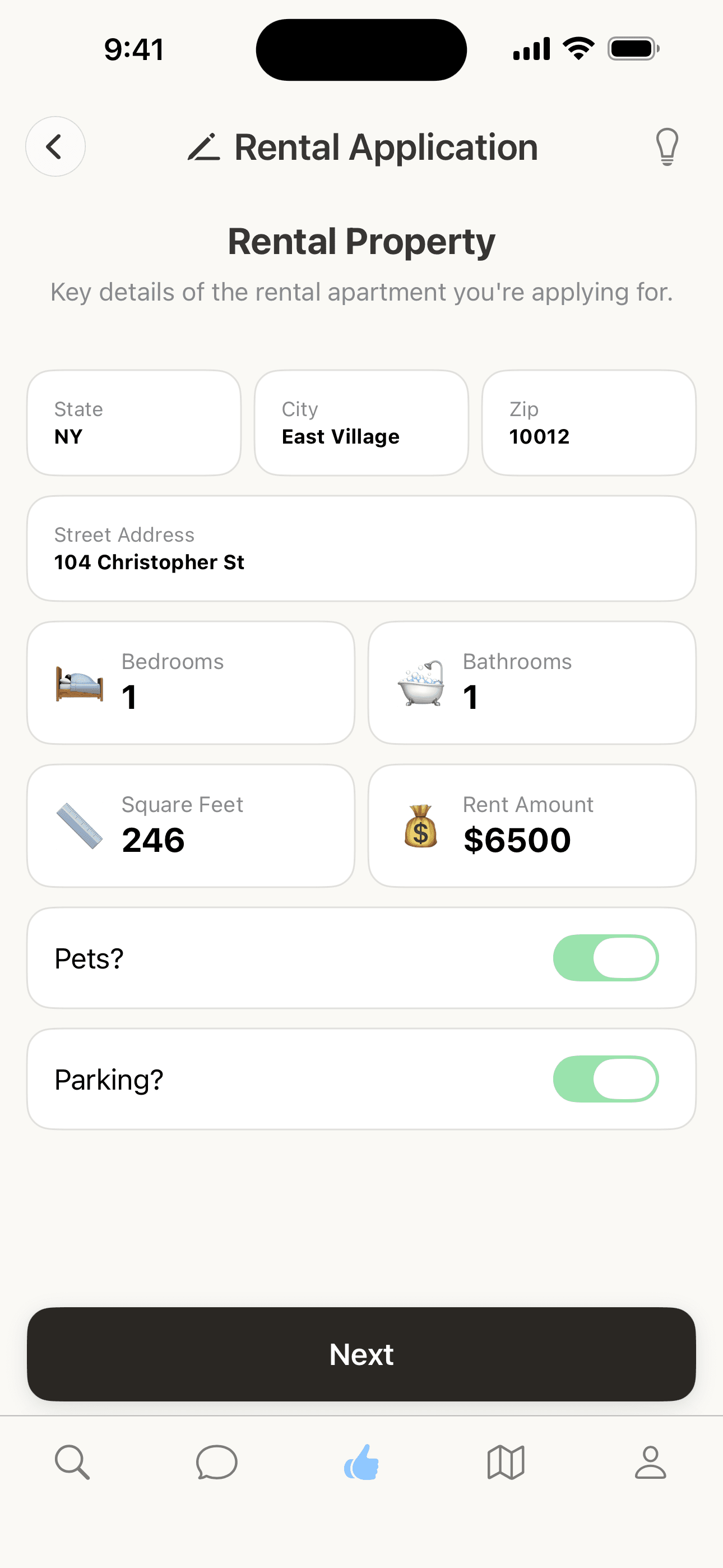 Livvng rental application overview with completion progress