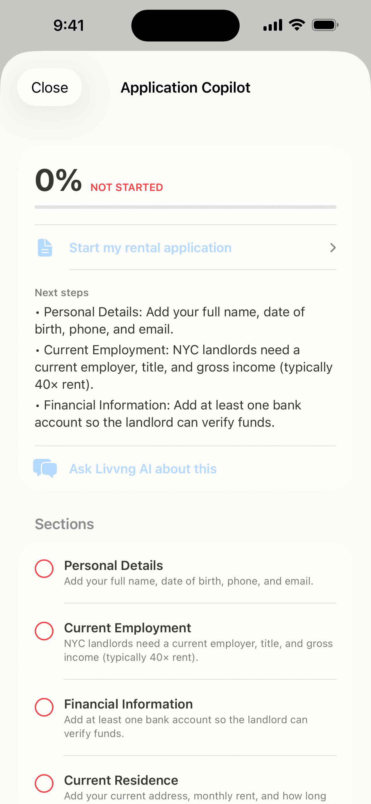 Livvng application section with AI guidance and next steps