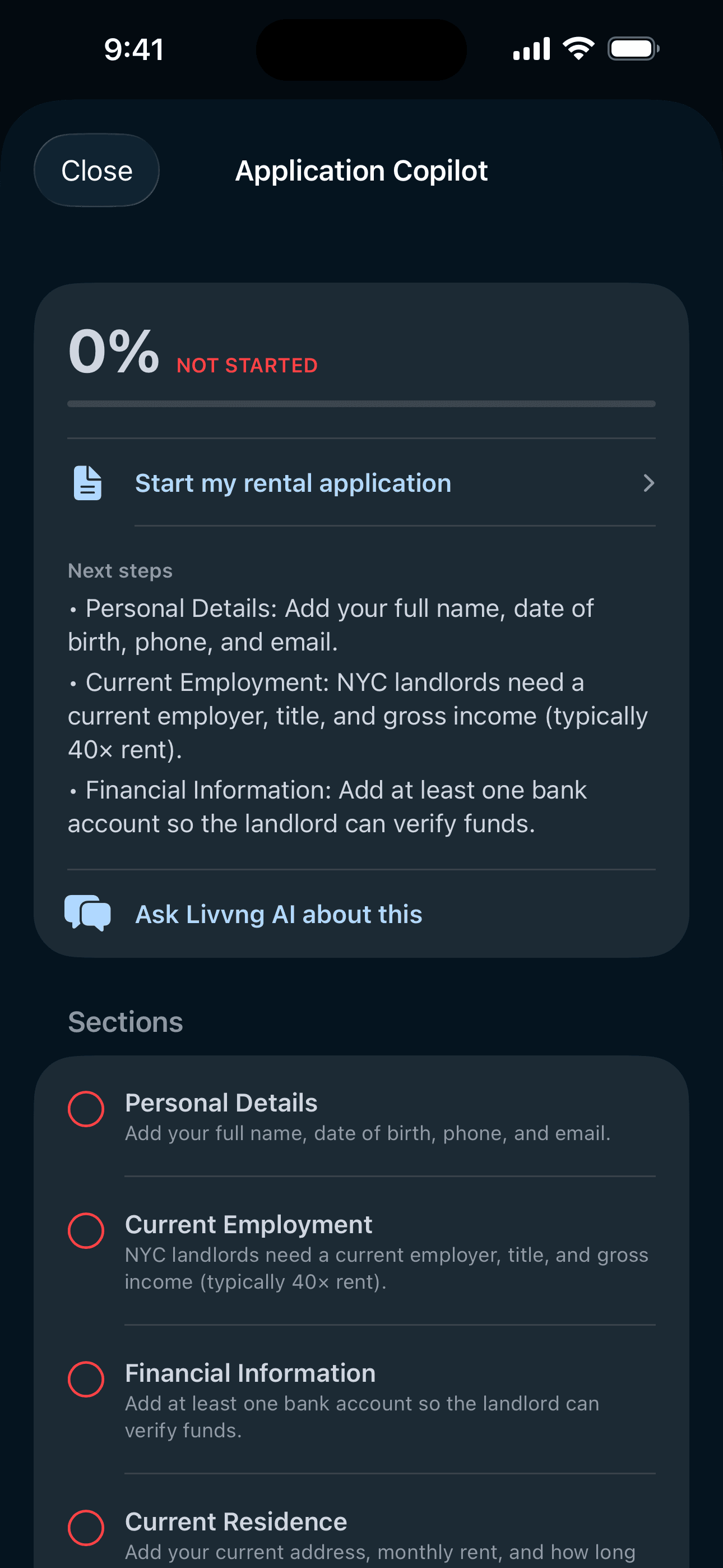 Livvng application section with AI guidance and next steps