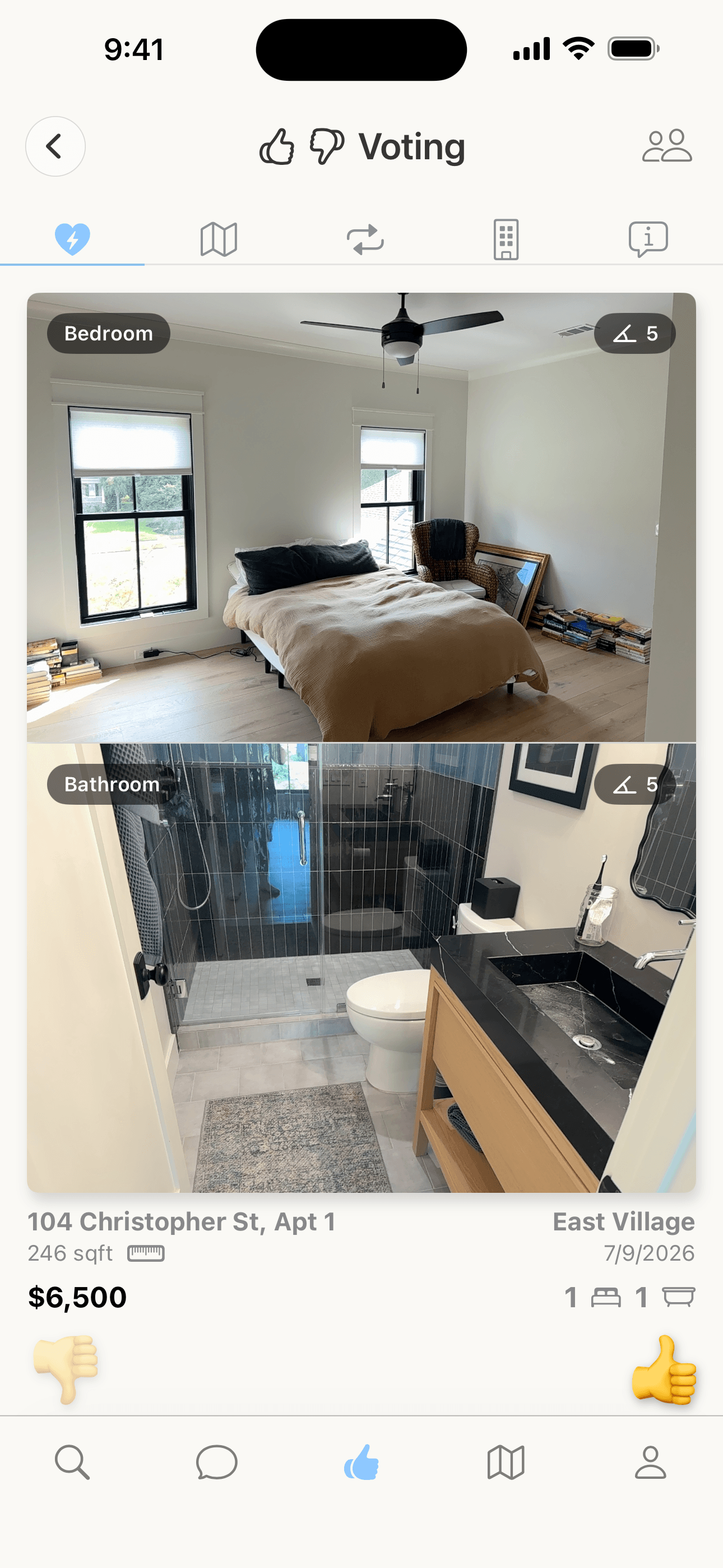Livvng apartment voting view with bedroom and bathroom photos