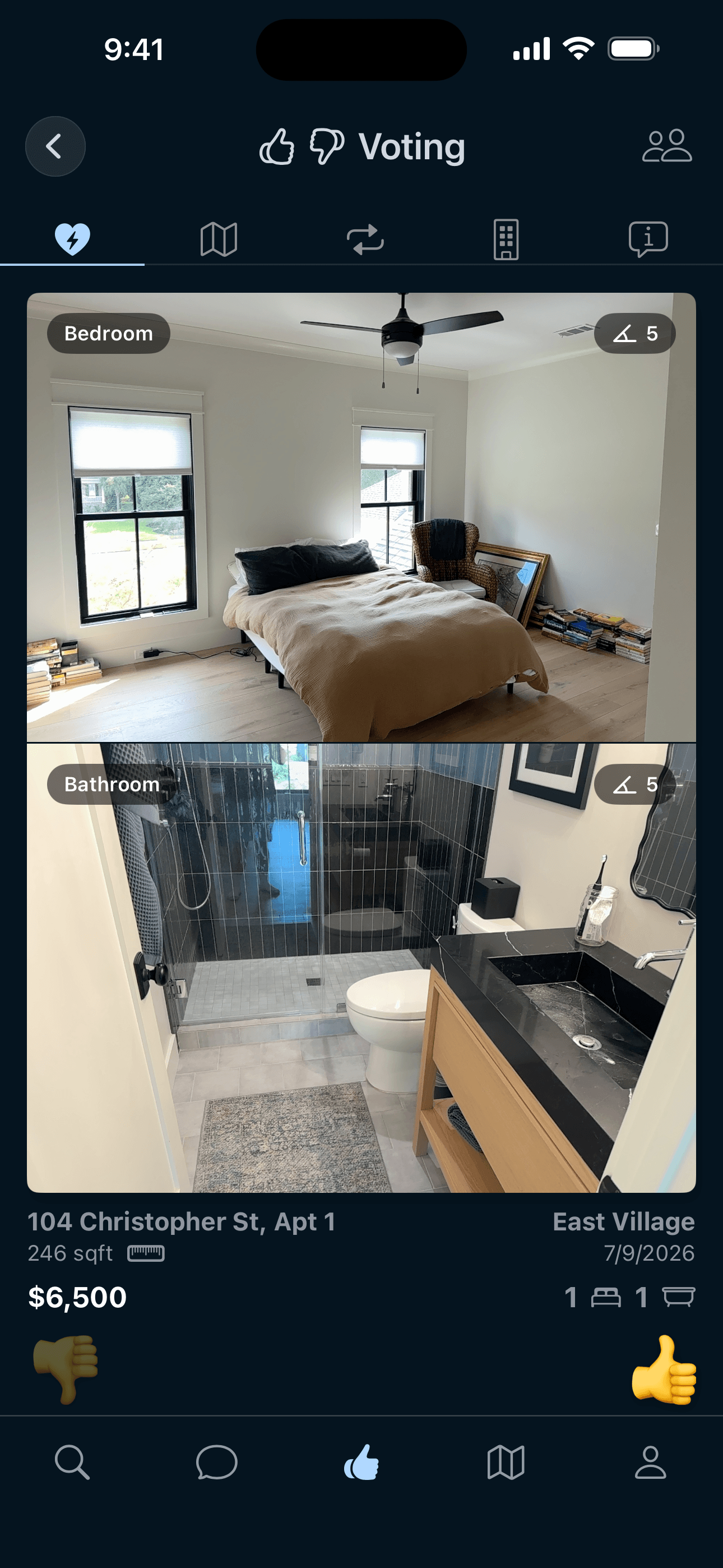 Livvng apartment voting view with bedroom and bathroom photos