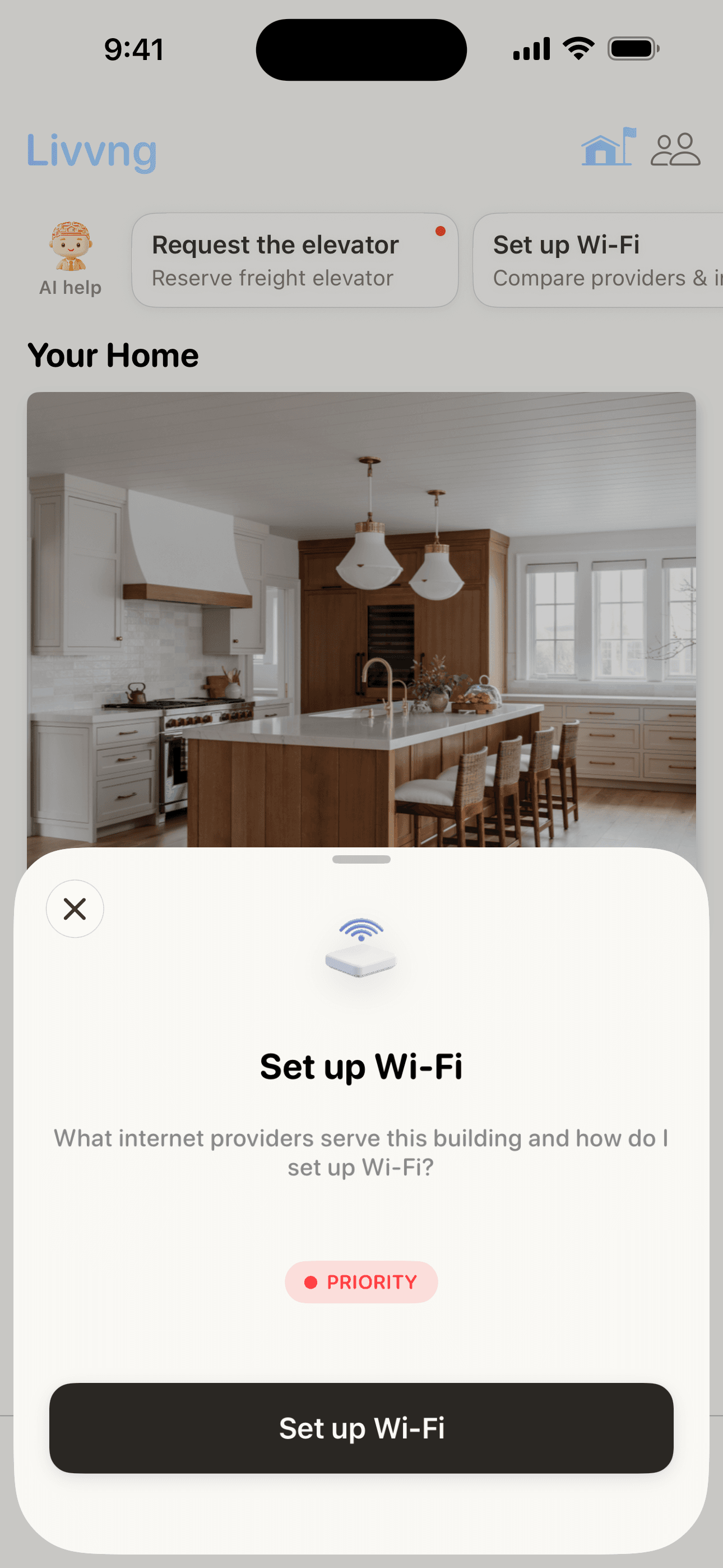 Wi-Fi setup card in the Livvng app