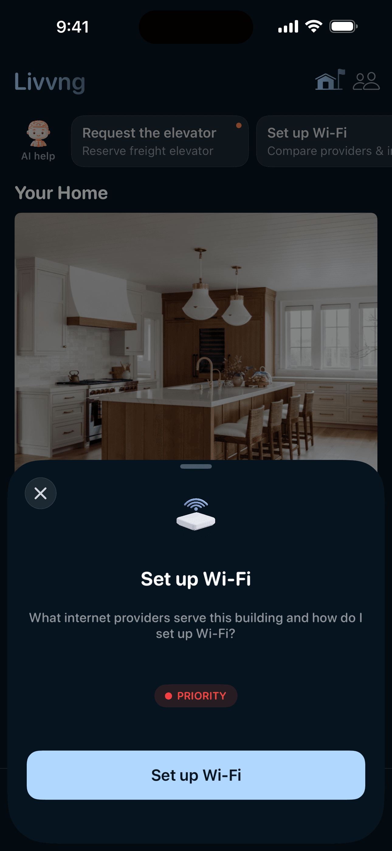 Wi-Fi setup card in the Livvng app